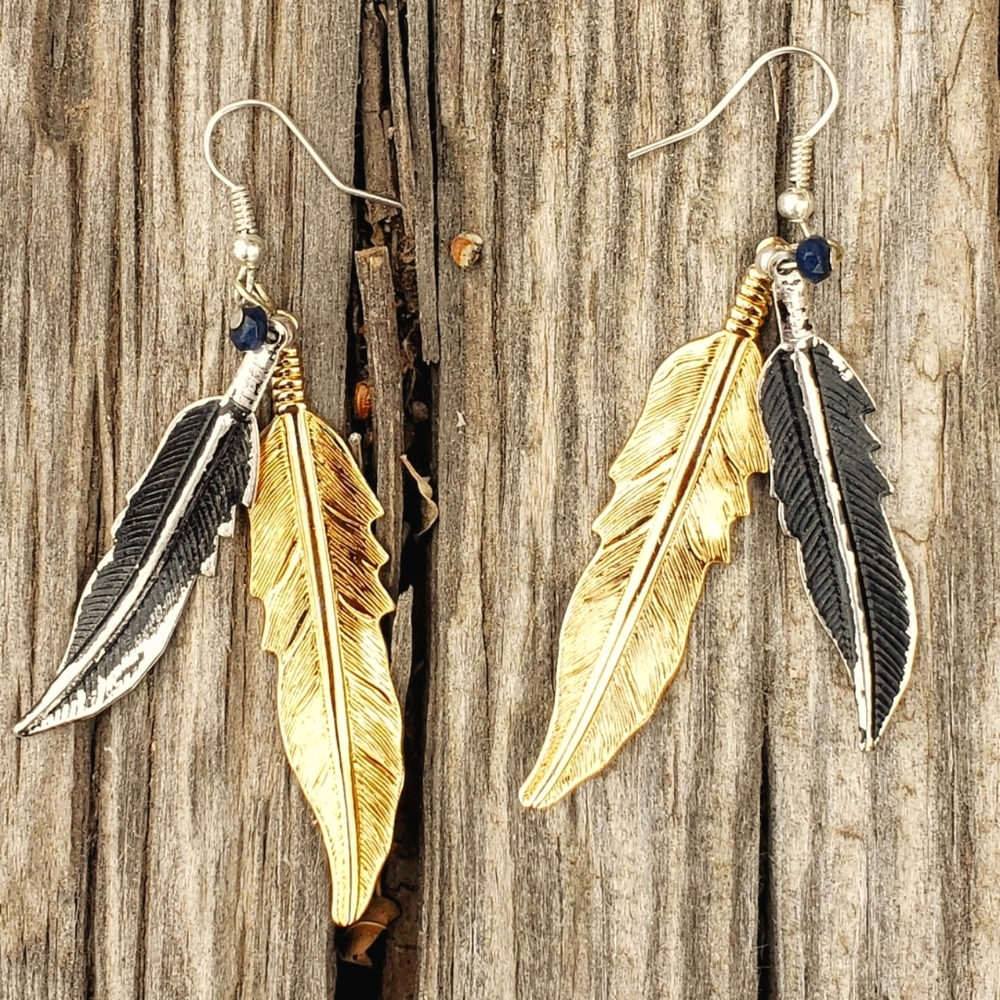 New Mexico Handcrafted Gold-Painted Aluminum Blue Topaz Hook Dangle Earrings